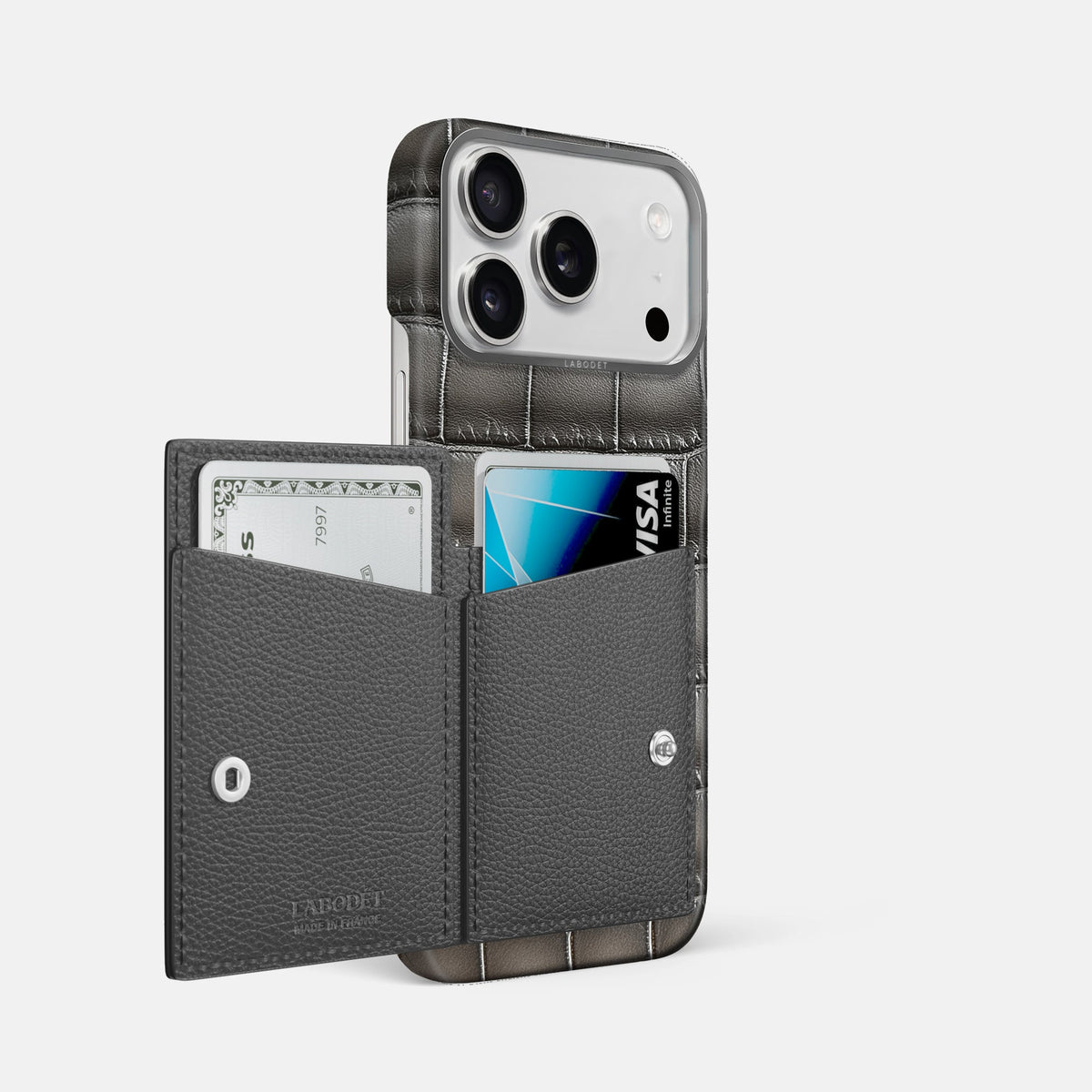 Bi-Fold Case For iPhone 18 Pro Max In Patina Alligator -2 | Grey-Steel