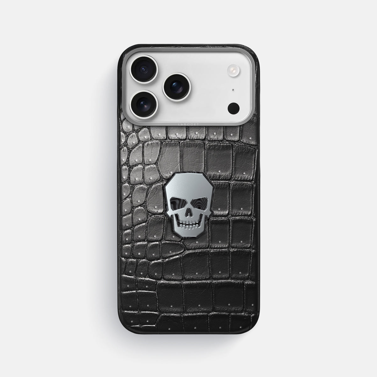 Classic Case With Titanium Skull For iPhone 17 Pro Max In Porosus Crocodile -1 | Shiny-Black-Steel