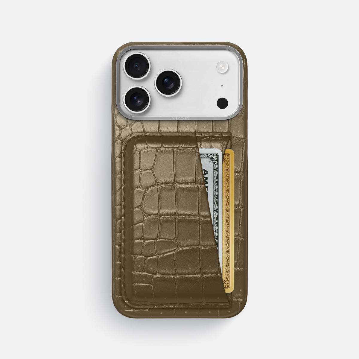 Double Card Case For iPhone 17 Pro Max In Porosus Crocodile -1 | Kaki-Green-Steel