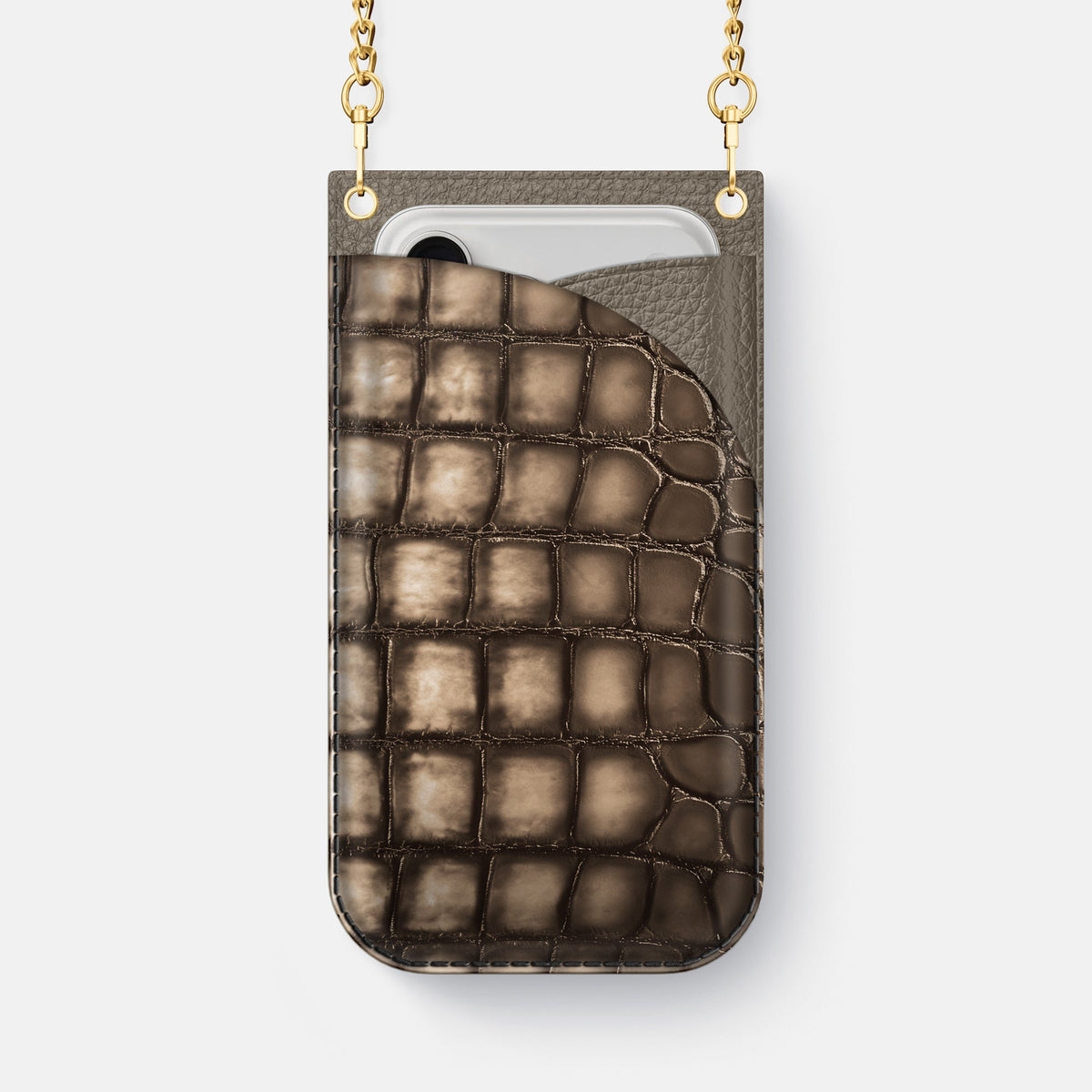 Crossbody Bag For iPhone 18 Pro Max In Patina Alligator -1 | Etoupe-Gold