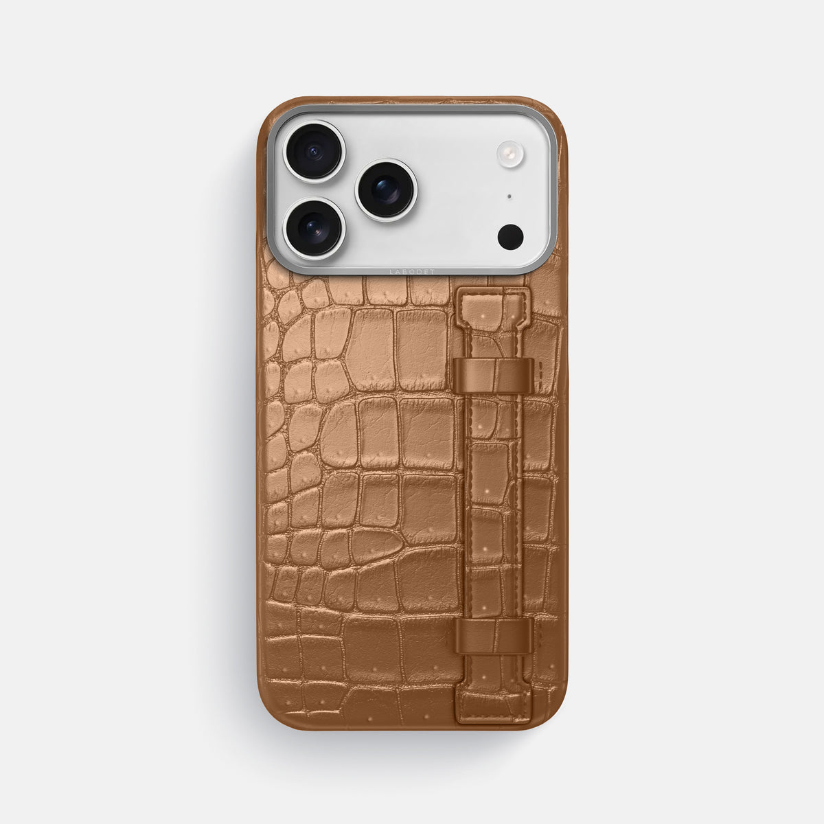 Handle Case For iPhone 17 Pro Max In Porosus Crocodile -1 | Milk-Chocolate-Steel