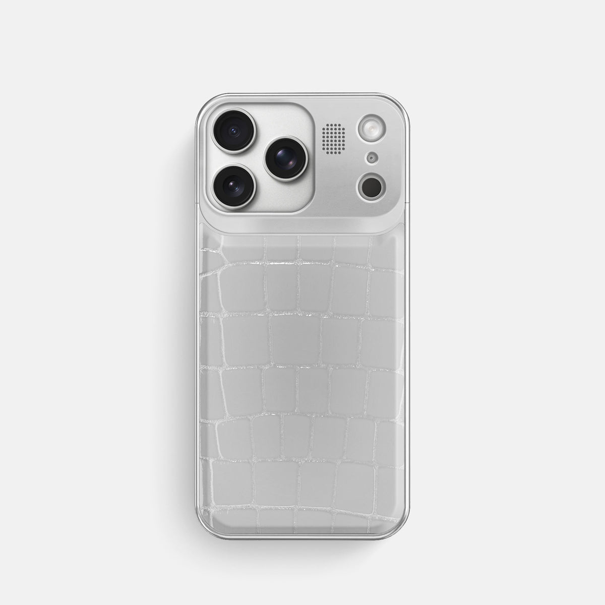 Metal Case For iPhone 17 Pro In Shiny Alligator -1 | White-Steel