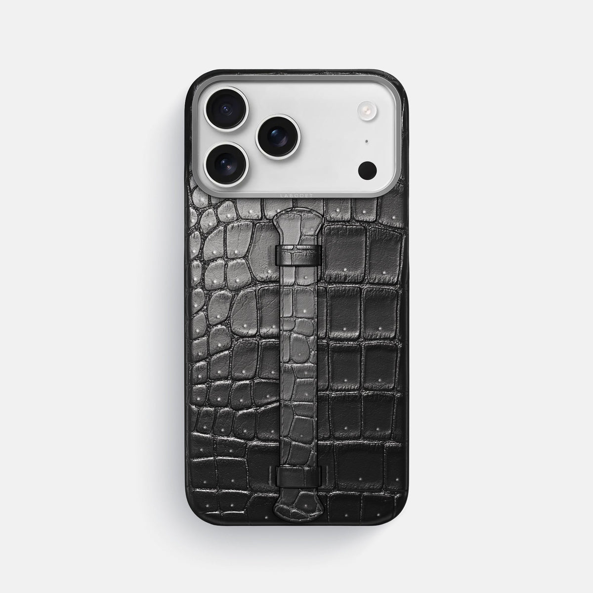 Center Handle For iPhone 18 Pro Max In Porosus Crocodile -1 | Shiny-Black-Steel