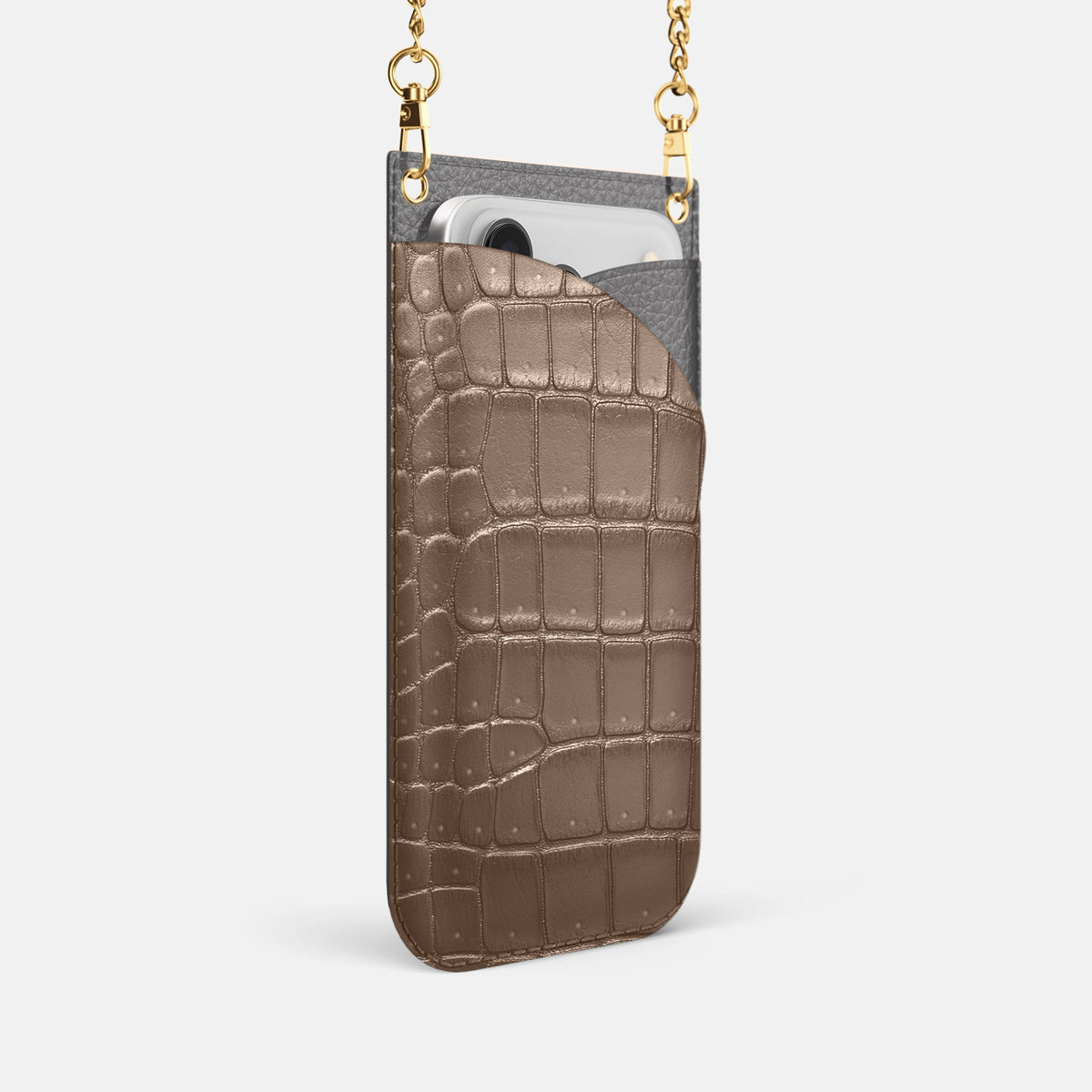 Crossbody Bag For iPhone 18 Pro In Porosus Crocodile -2 | Fur-Brown-Gold