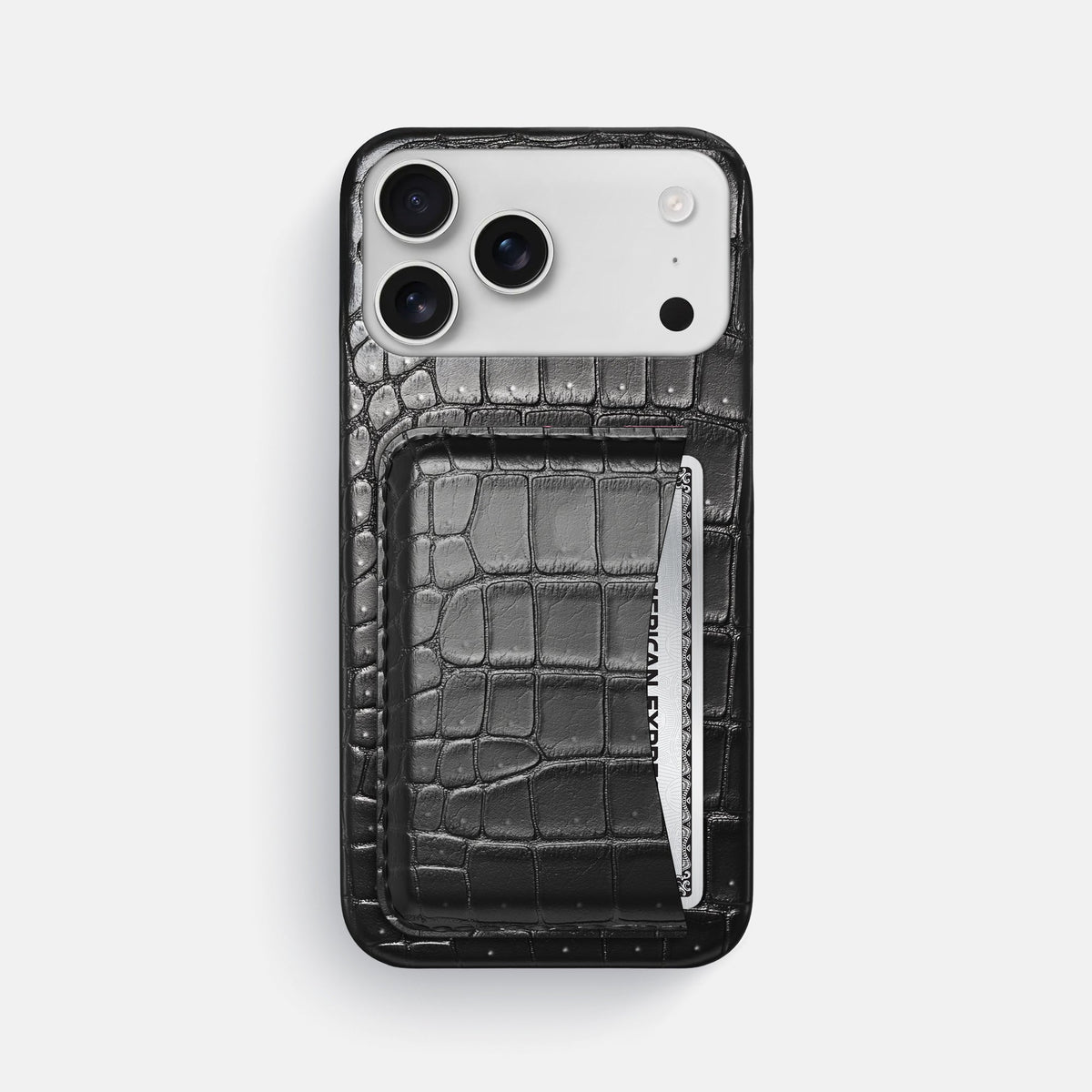 Slim Card Case For iPhone 18 Pro Max In Porosus Crocodile -1 | Shiny-Black