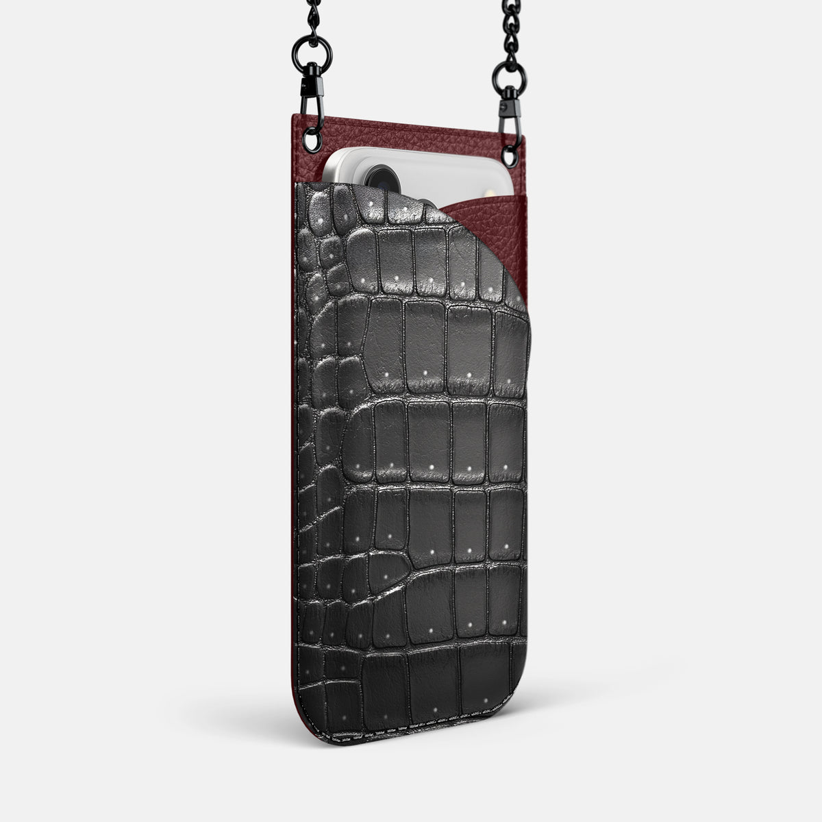 Crossbody Bag For iPhone 17 Pro Max In Porosus Crocodile -2 | Shiny-Black-Black