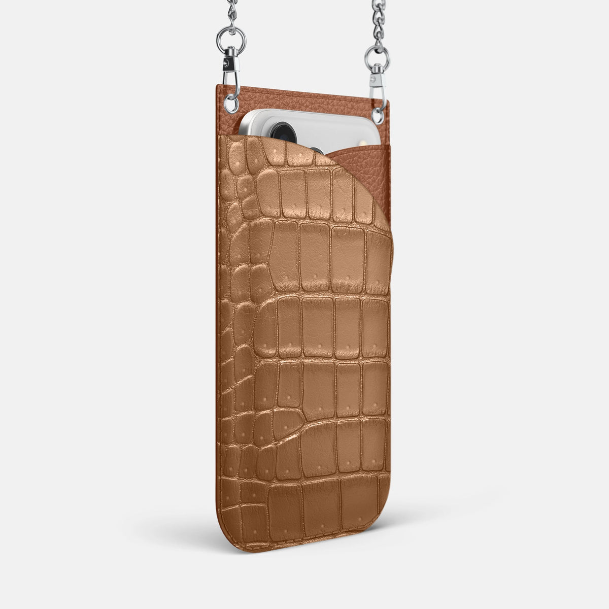 Crossbody Bag For iPhone 18 Pro Max In Porosus Crocodile -2 | Milk-Chocolate-Steel