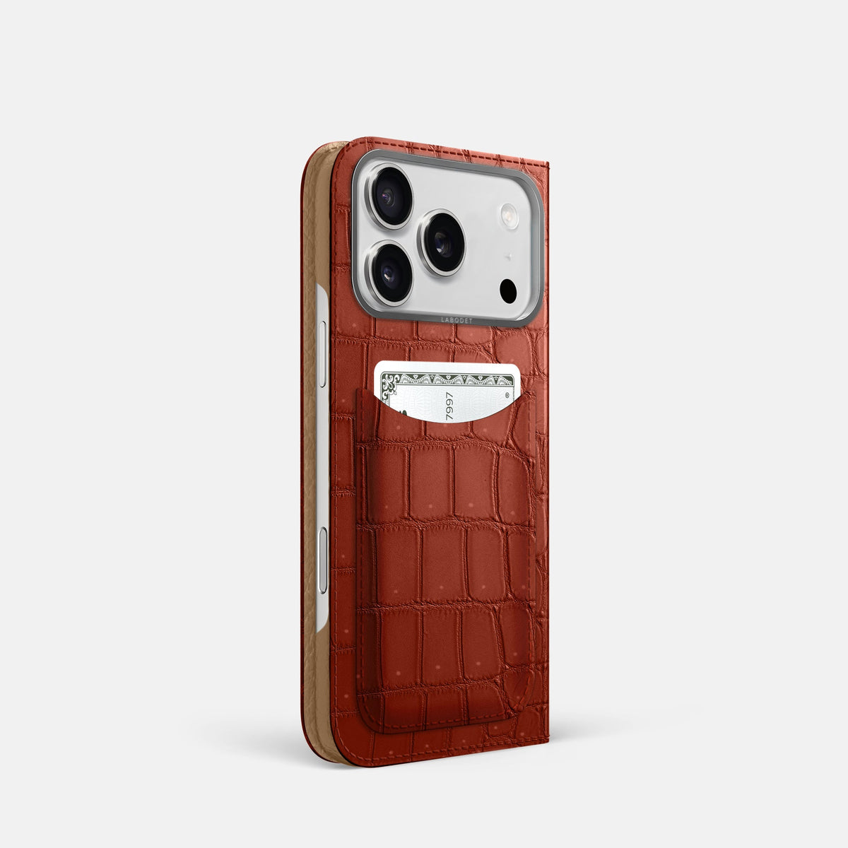 Folio Case with Card For iPhone 18 Pro In Porosus Crocodile -1 | Mahogany-Brown-Steel