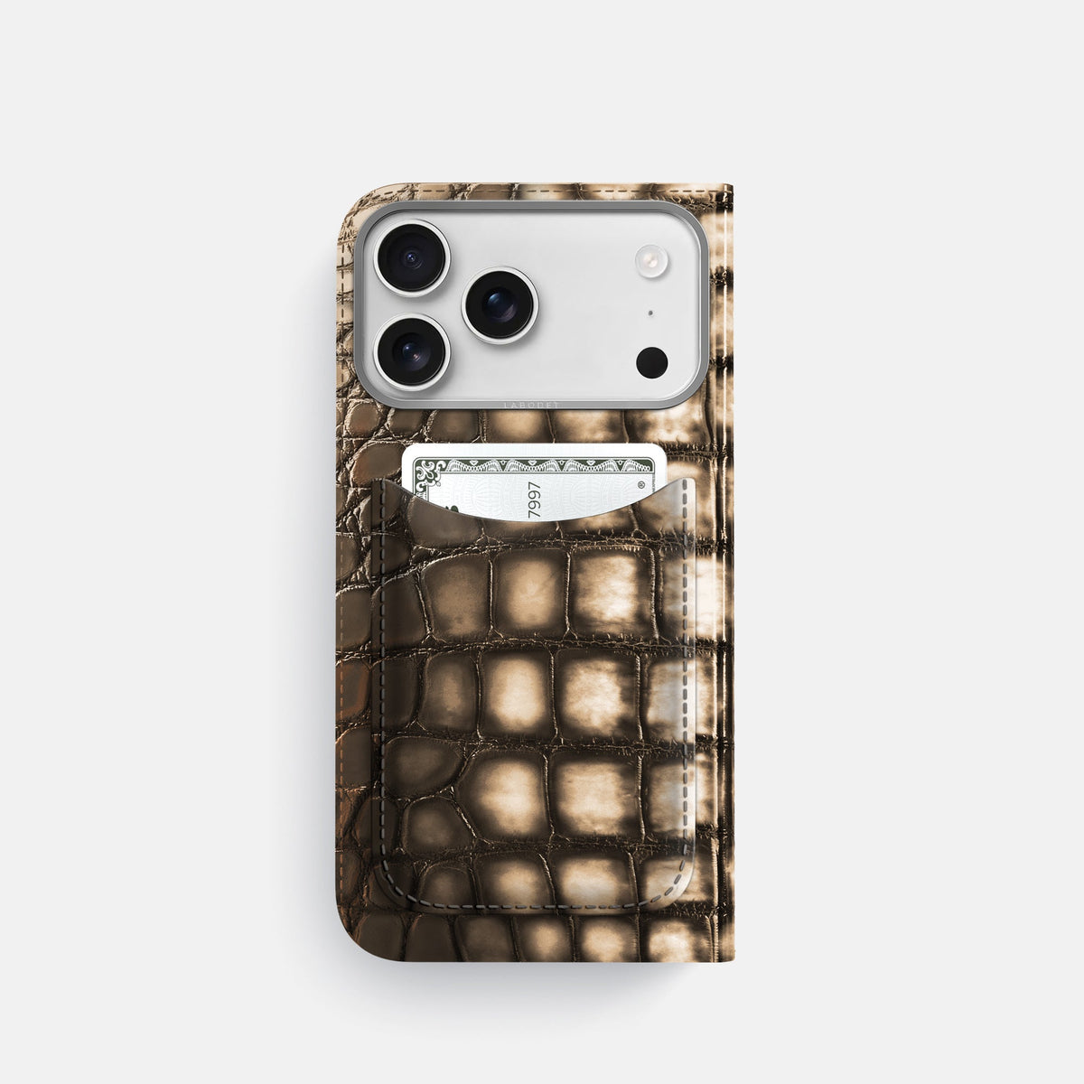 Folio Case with Card For iPhone 18 Pro In Patina Alligator -3 | Etoupe-Steel