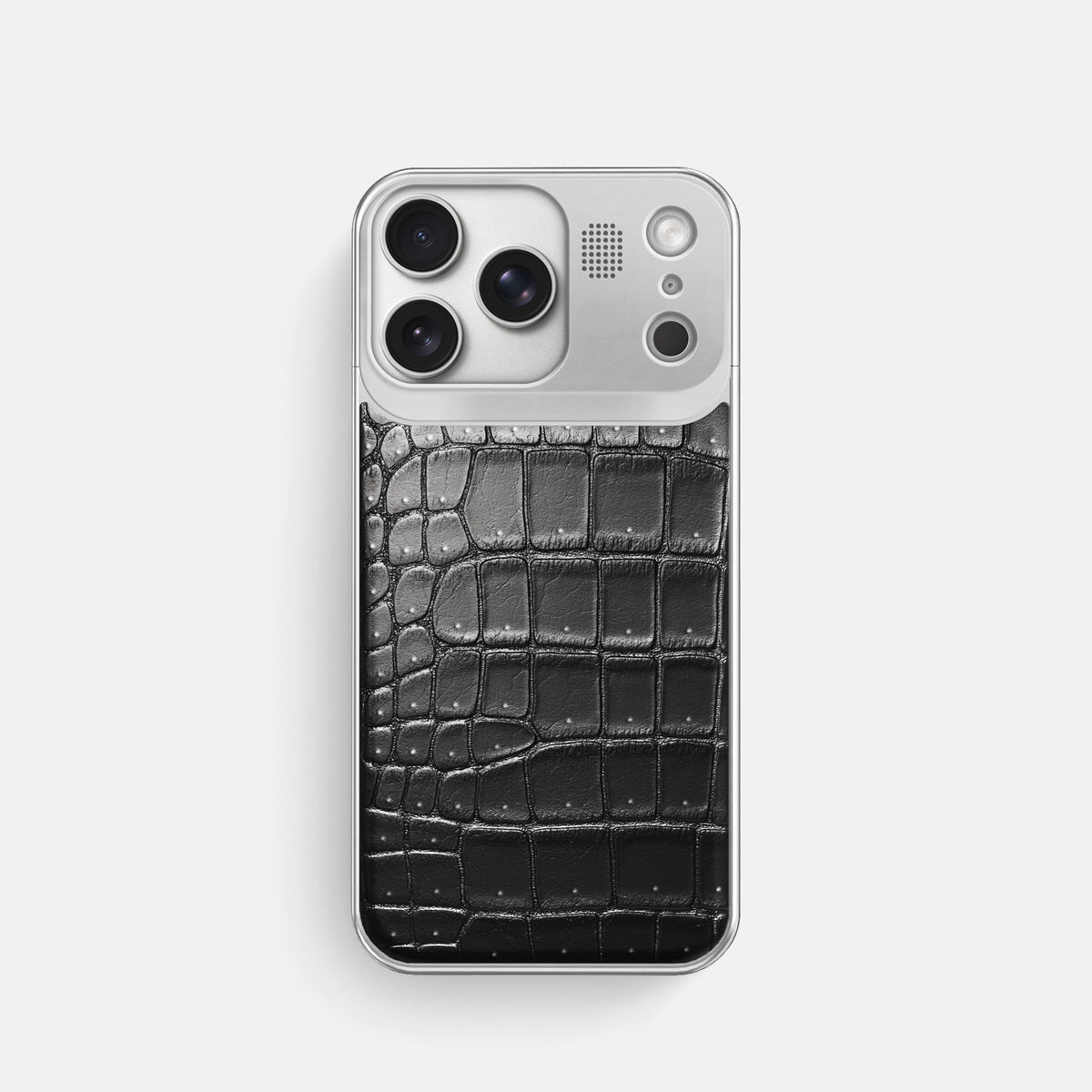 Metal Case For iPhone 17 Pro In Porosus Crocodile -1 | Shiny-Black-Steel