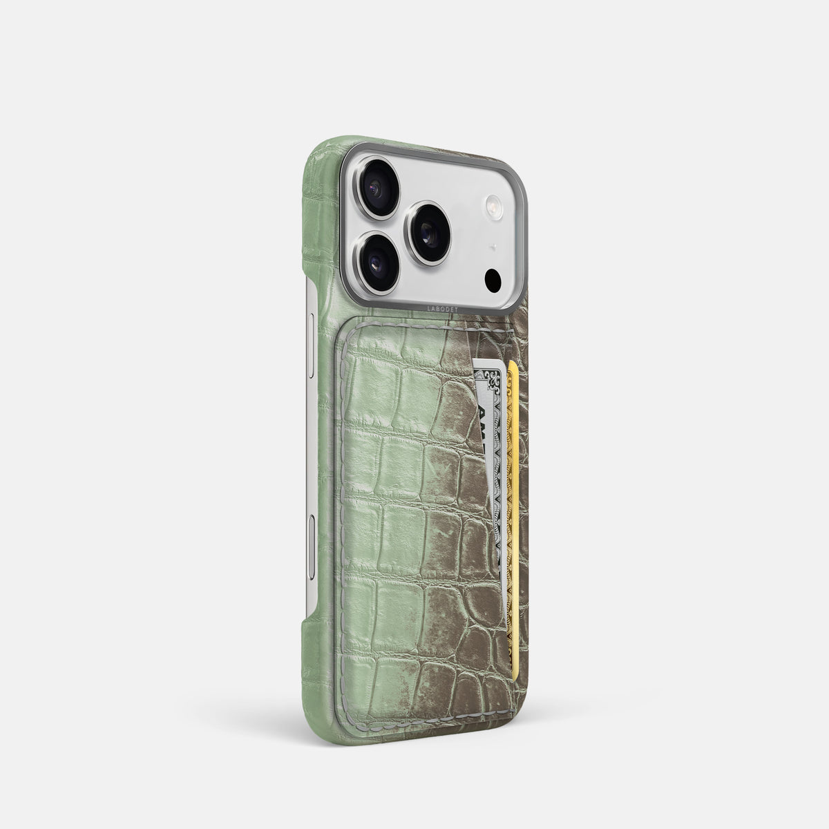 Double Card Case For iPhone 17 Pro In Himalayan Crocodile -2 | Pistachio-Steel