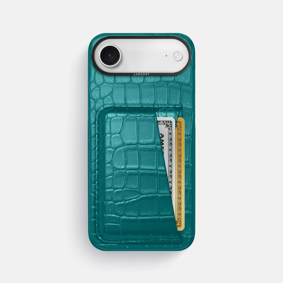 Double Card Case For iPhone 17 Air In Porosus Crocodile -1 | Celadon-Black