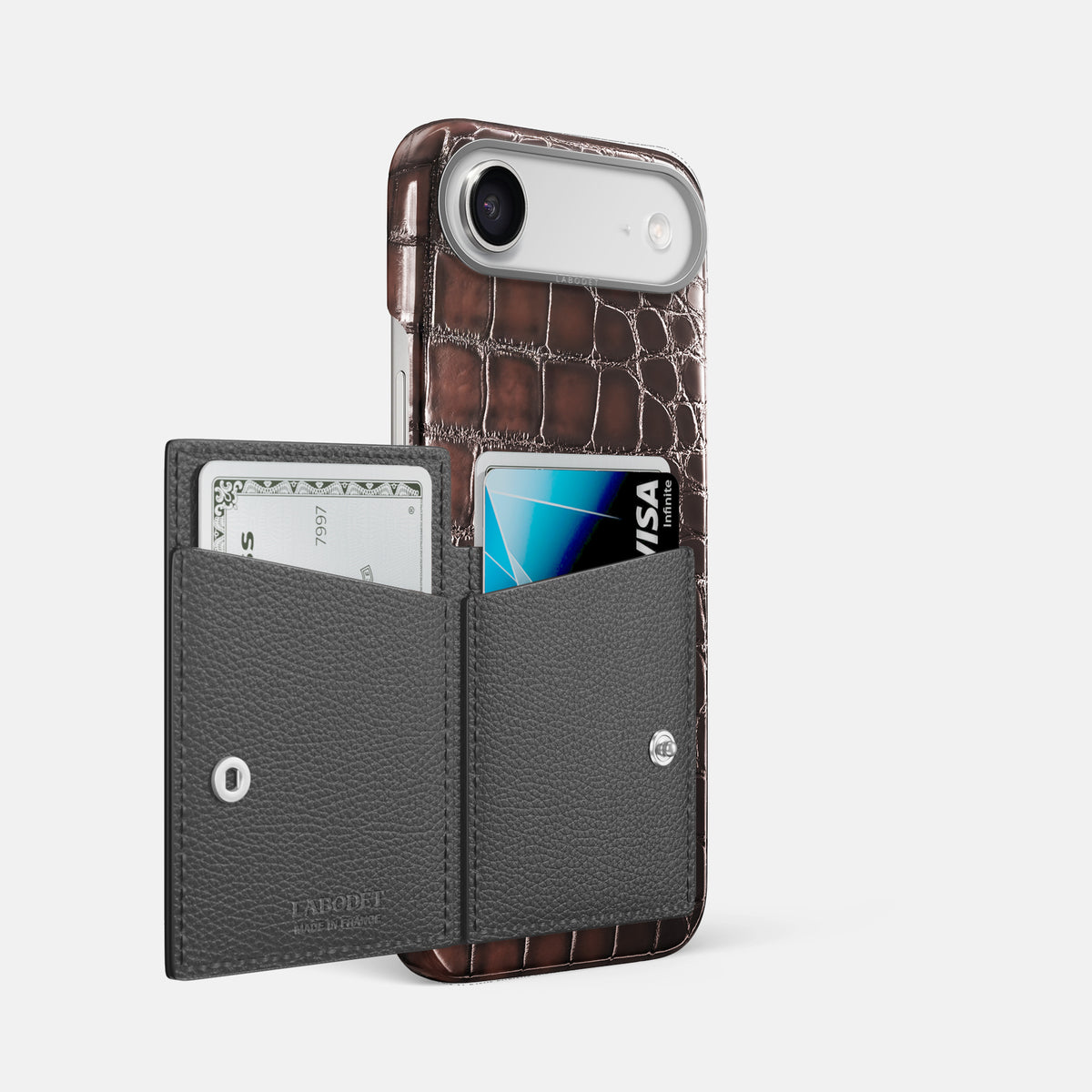 Bi-Fold Case For iPhone 17 Air In Patina Alligator -2 | Havana-Brown-Steel
