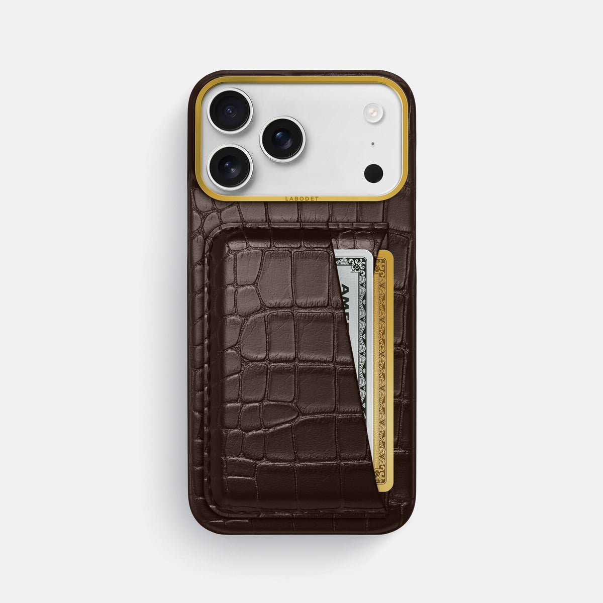 Double Card Case For iPhone 18 Pro Max In Alligator -1 | Dark-Brown-Gold