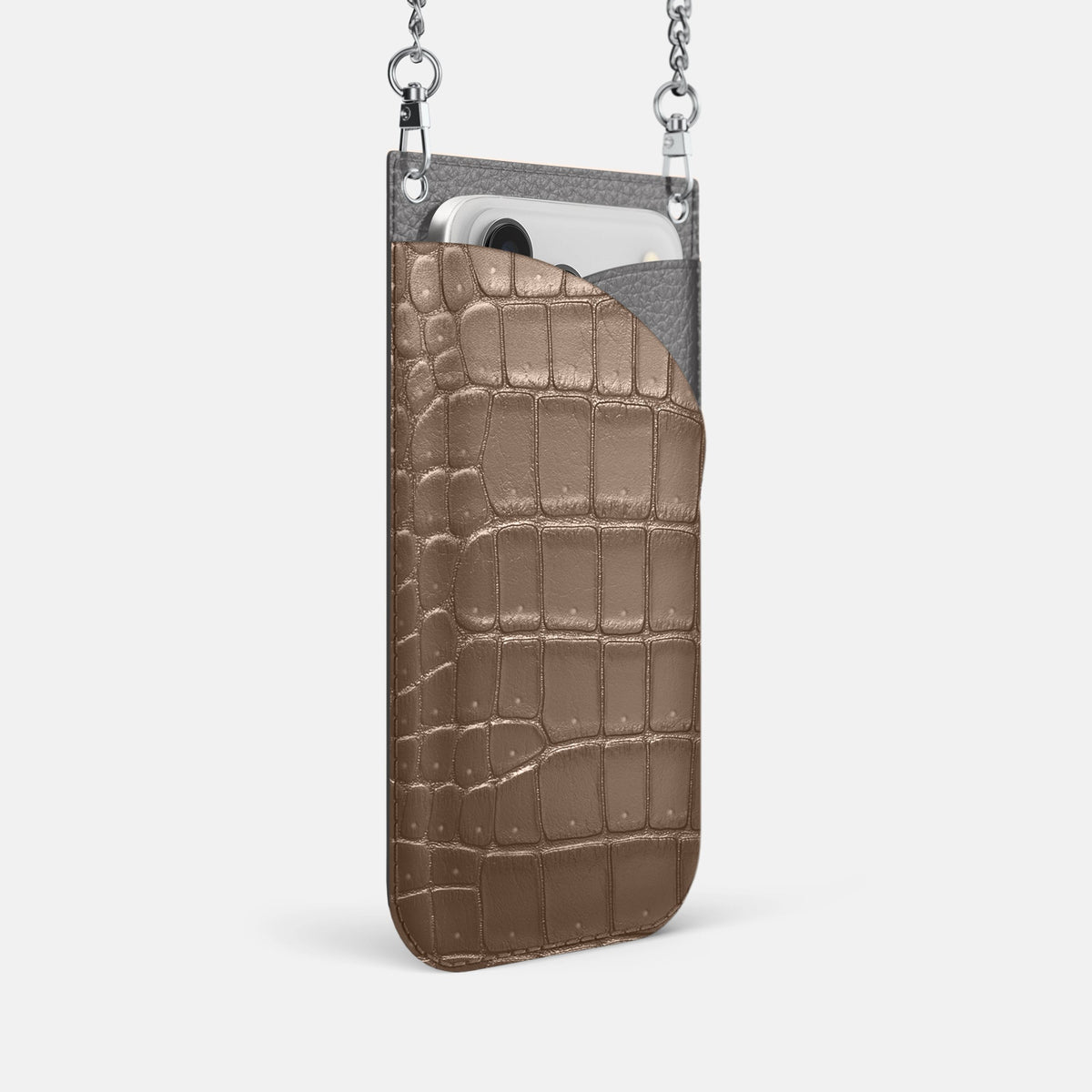 Crossbody Bag For iPhone 18 Pro In Porosus Crocodile -2 | Fur-Brown-Steel