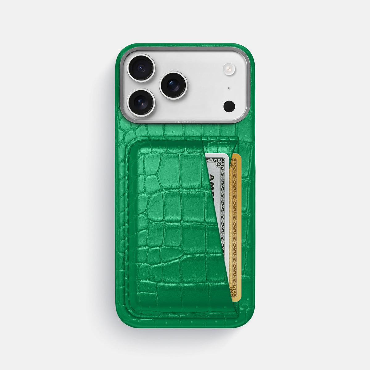 Double Card Case For iPhone 18 Pro Max In Porosus Crocodile -1 | Cactus-Green-Steel