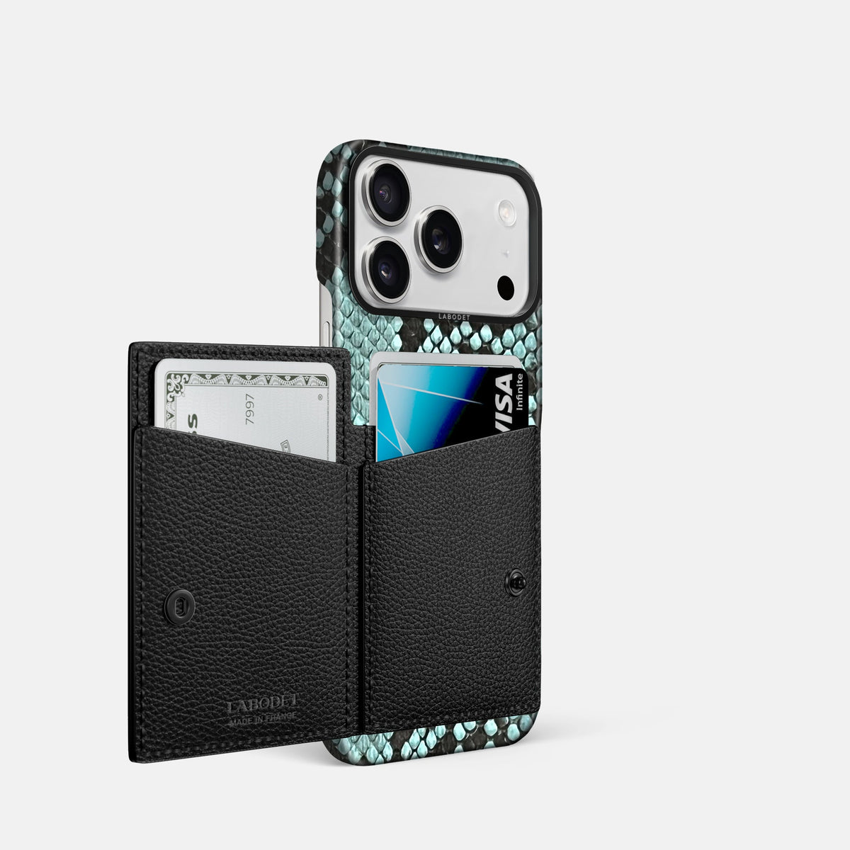 Bi-Fold Case For iPhone 18 Pro In Deluxe Python -2 | Blue-Lagoon-Black