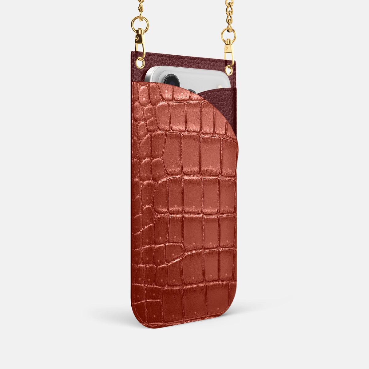 Crossbody Bag For iPhone 18 Pro In Porosus Crocodile -2 | Mahogany-Brown-Gold