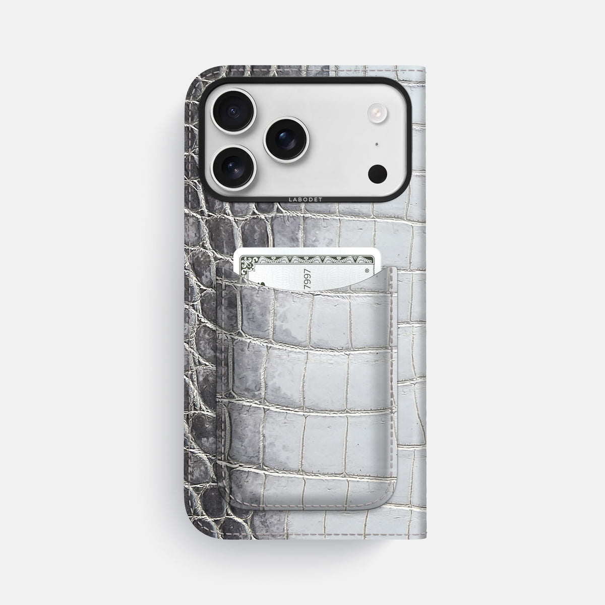 Folio Case with Card For iPhone 17 Pro Max In Himalayan Crocodile -3 | Silver-Black