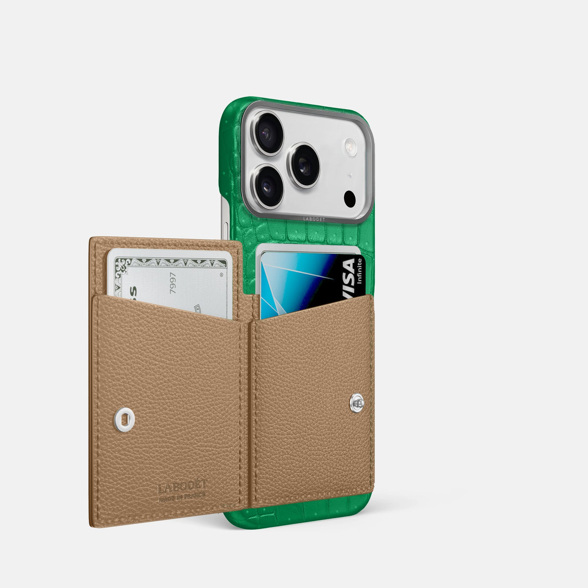 Bi-Fold Case For iPhone 18 Pro In Porosus Crocodile -2 | Cactus-Green-Steel