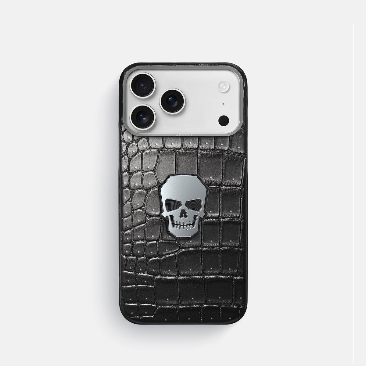Classic Case With Titanium Skull For iPhone 17 Pro In Porosus Crocodile -1 | Shiny-Black-Steel