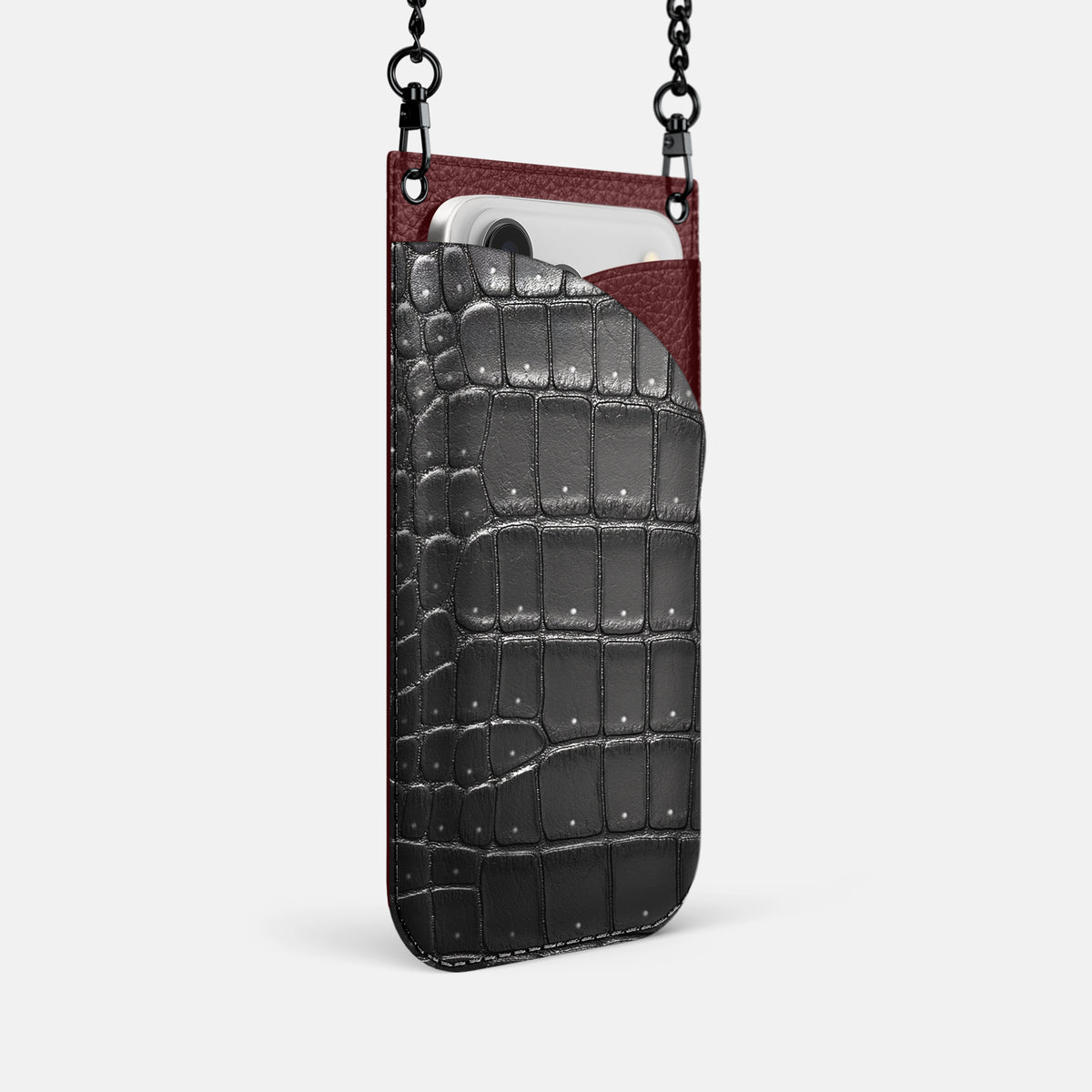 Crossbody Bag For iPhone 17 Pro In Porosus Crocodile -2 | Shiny-Black-Black