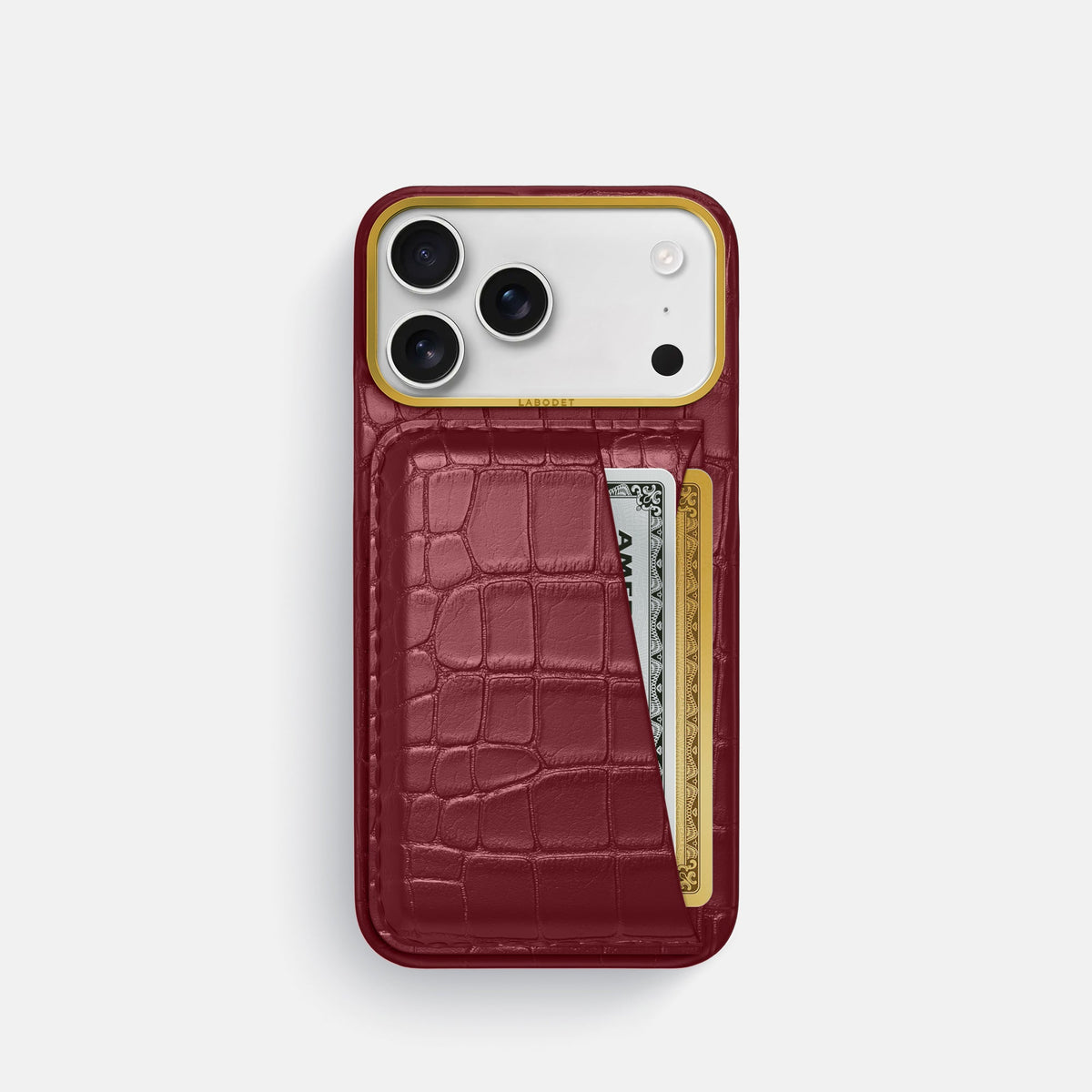 Double Card Case For iPhone 18 Pro In Alligator -1 | Burgundy-Gold