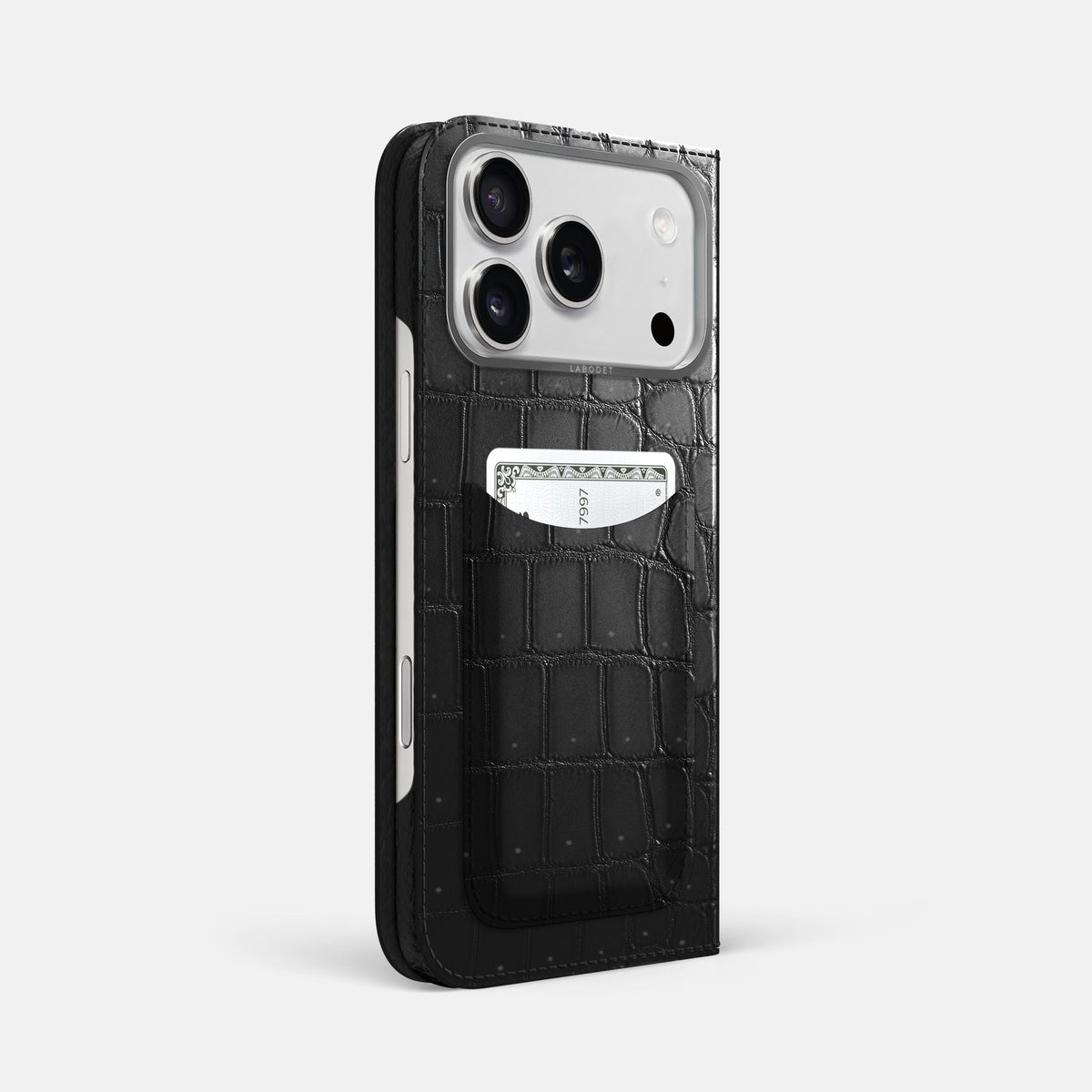 Folio Case with Card For iPhone 18 Pro Max In Porosus Crocodile -1 | Shiny-Black-Steel