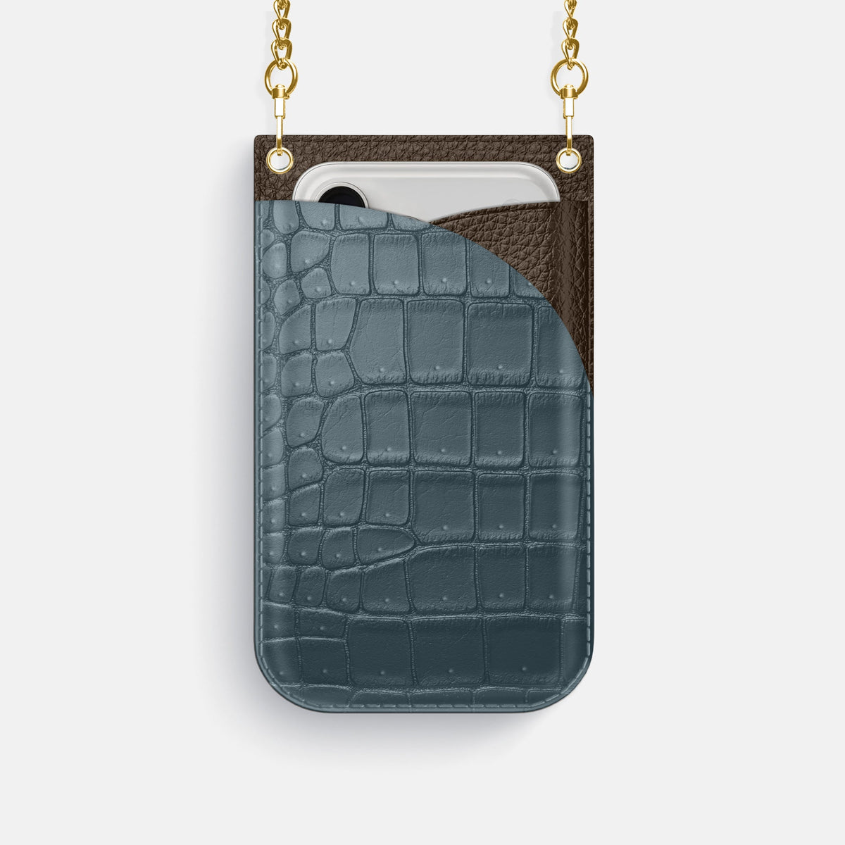 Crossbody Bag For iPhone 18 Pro In Porosus Crocodile -1 | Denim-Gold