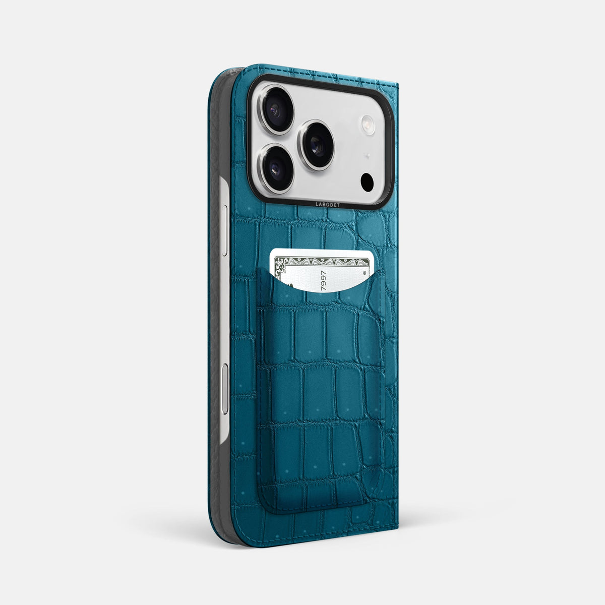 Folio Case with Card For iPhone 18 Pro Max In Porosus Crocodile -1 | Turquoise-Black