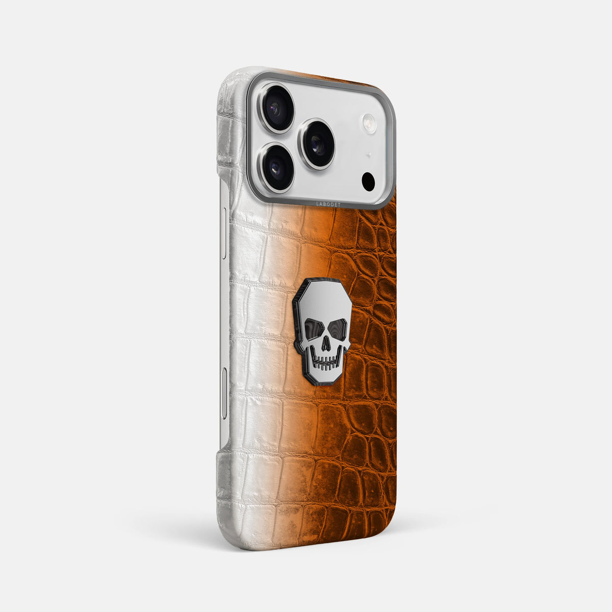 Classic Case With Titanium Skull For iPhone 18 Pro Max In Himalayan Crocodile -2 | Orange-Steel