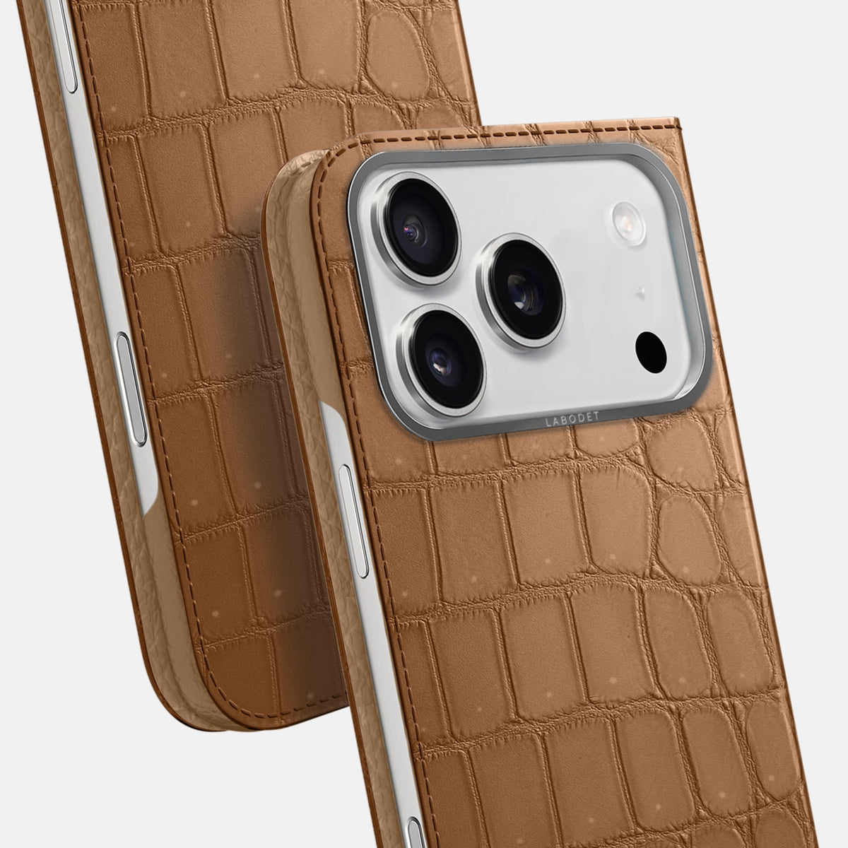 Folio Case For iPhone 18 Pro Max In Porosus Crocodile -5 | Milk-Chocolate-Steel