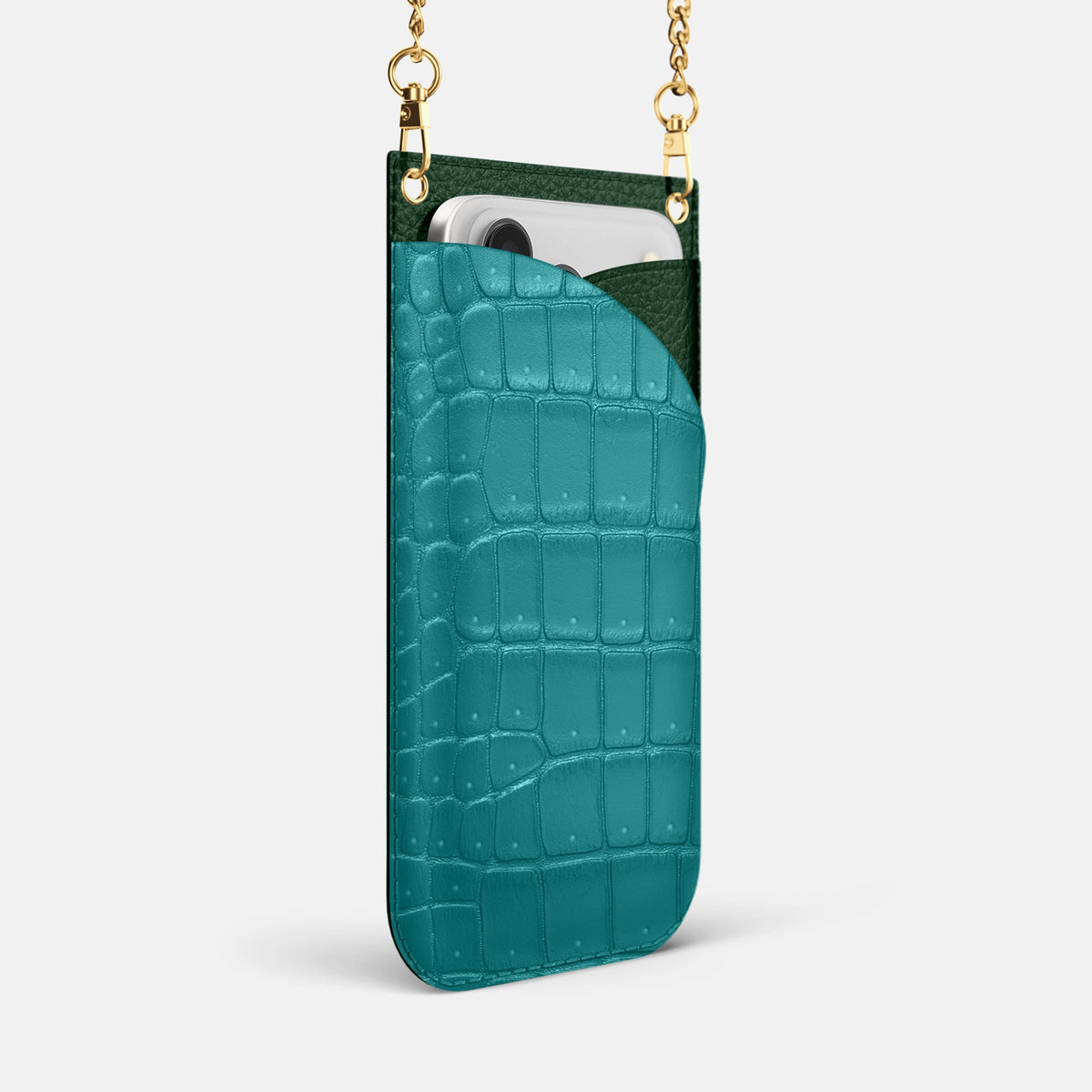 Crossbody Bag For iPhone 18 Pro Max In Porosus Crocodile -2 | Celadon-Gold