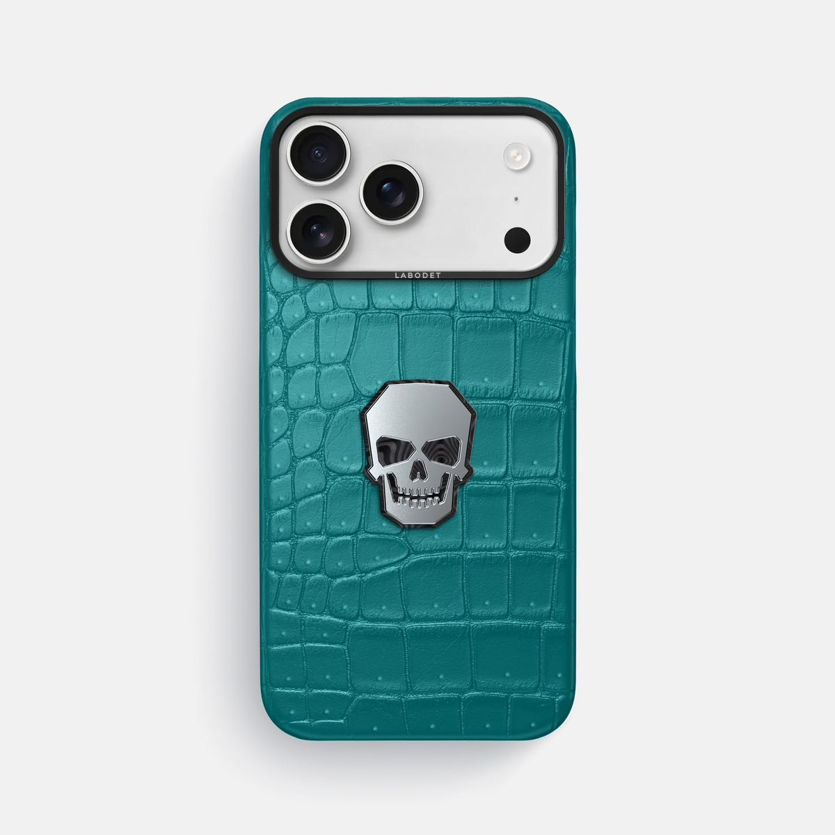 Classic Case With Titanium Skull For iPhone 17 Pro Max In Porosus Crocodile -1 | Celadon-Black