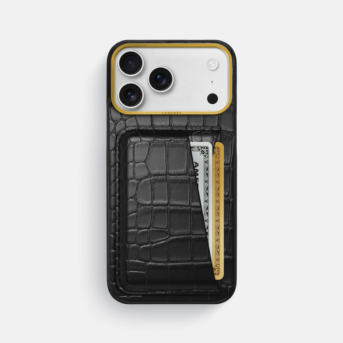 Double Card Case For iPhone 18 Pro Max In Alligator -1 | Black-Gold