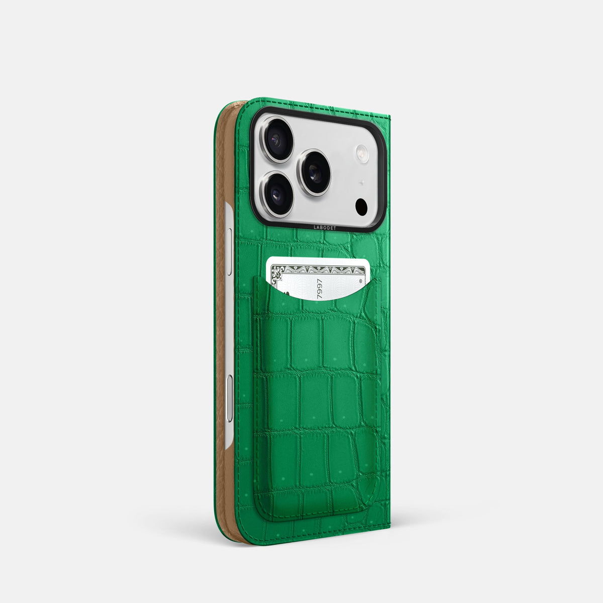 Folio Case with Card For iPhone 18 Pro In Porosus Crocodile -1 | Cactus-Green-Black