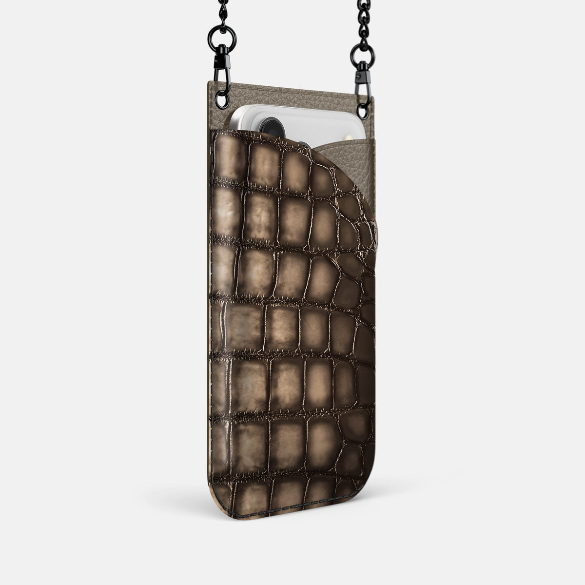 Crossbody Bag For iPhone 18 Pro In Patina Alligator -2 | Etoupe-Black
