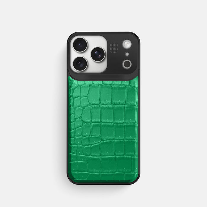 Metal Case For iPhone 17 Pro In Porosus Crocodile -1 | Cactus-Green-Black