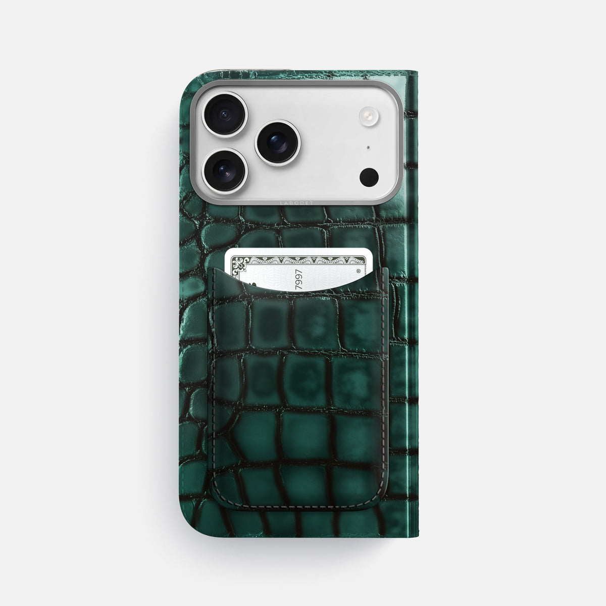Folio Case with Card For iPhone 18 Pro Max In Patina Alligator -3 | Green-Steel