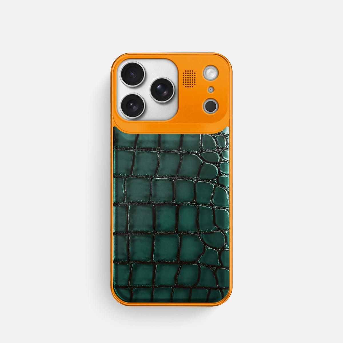 Metal Case For iPhone 17 Pro In Patina Alligator -1 | Green-Orange