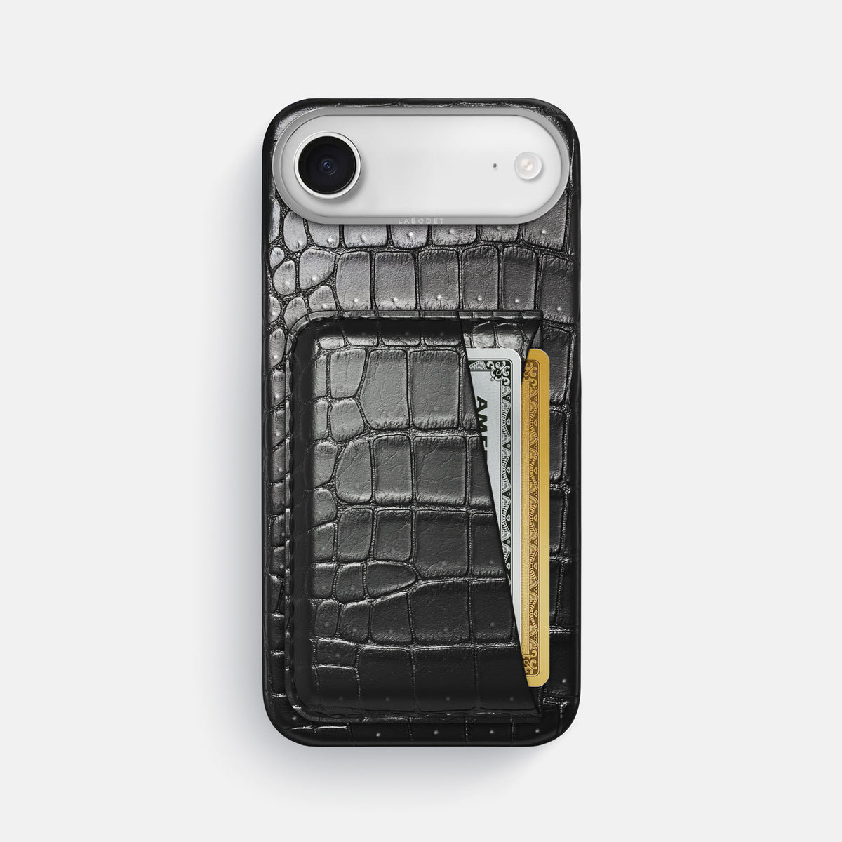 Double Card Case For iPhone 17 Air In Porosus Crocodile -1 | Shiny-Black-Steel