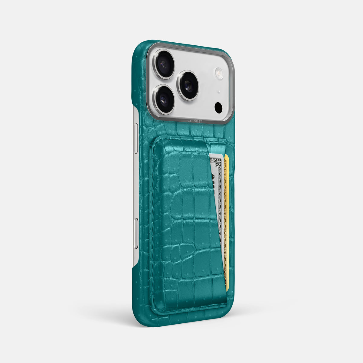 Double Card Case For iPhone 17 Pro Max In Porosus Crocodile -2 | Celadon-Steel
