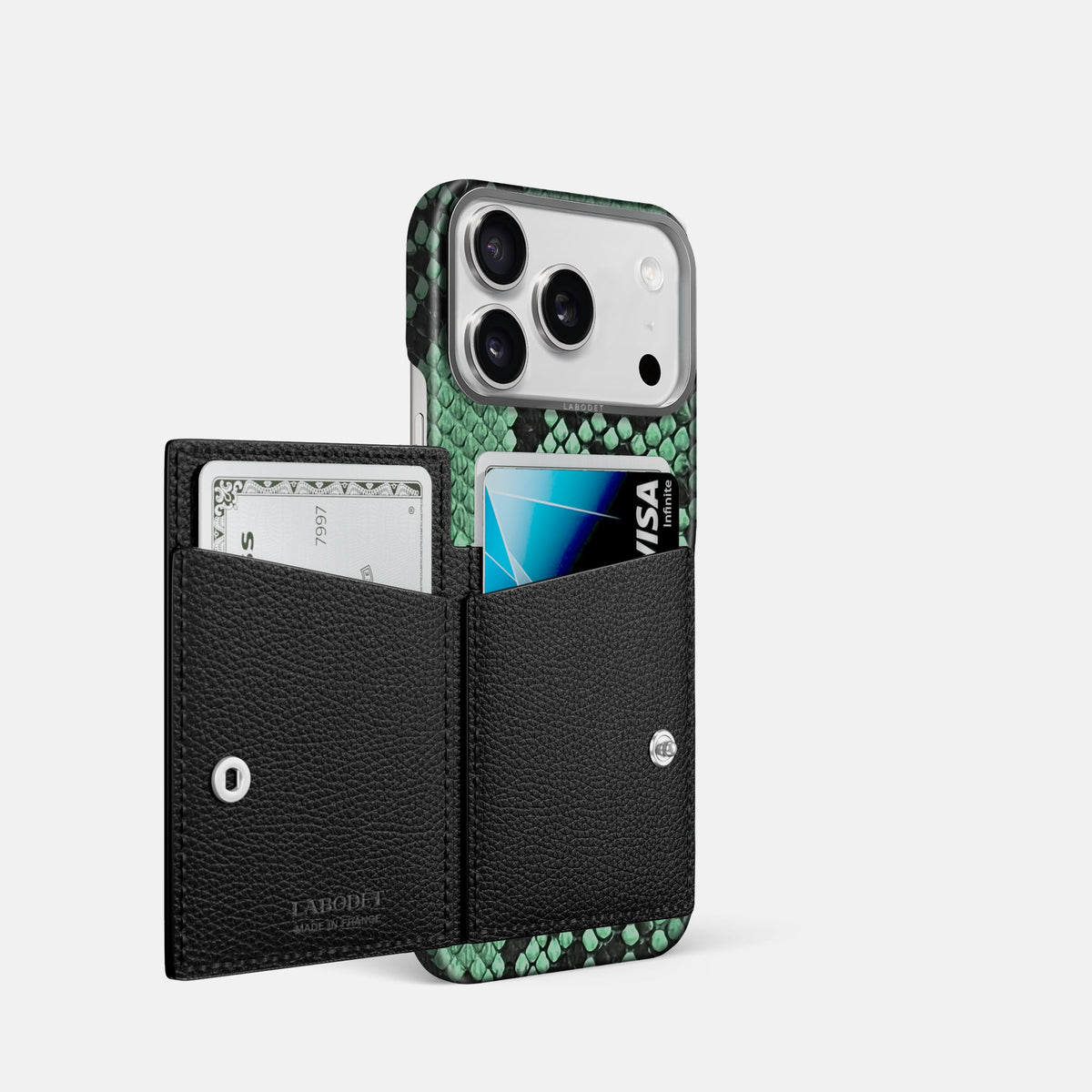 Bi-Fold Case For iPhone 18 Pro In Deluxe Python -2 | Forest-Green-Steel