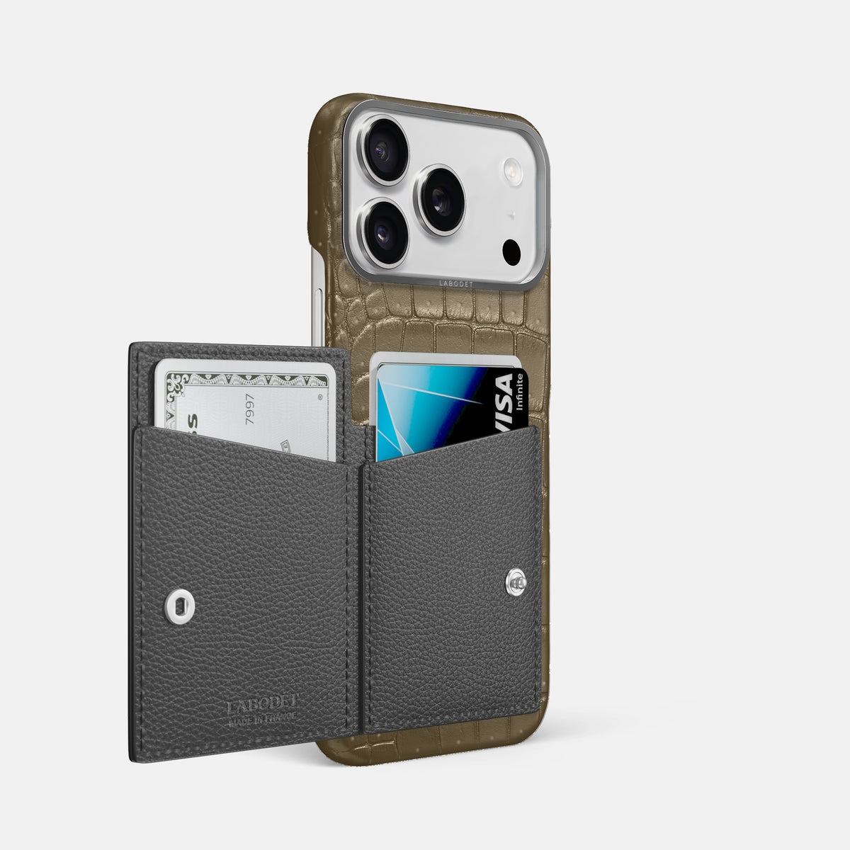 Bi-Fold Case For iPhone 17 Pro Max In Porosus Crocodile -2 | Kaki-Green-Steel