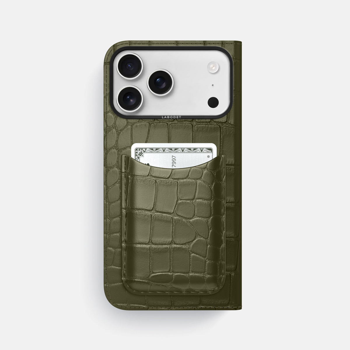 Folio Case with Card For iPhone 18 Pro Max In Alligator -3 | Kaki-Green-Black