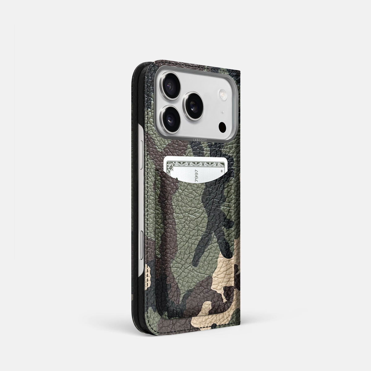 Folio Case with Card For iPhone 18 Pro In Calf -1 | Camouflage-Steel