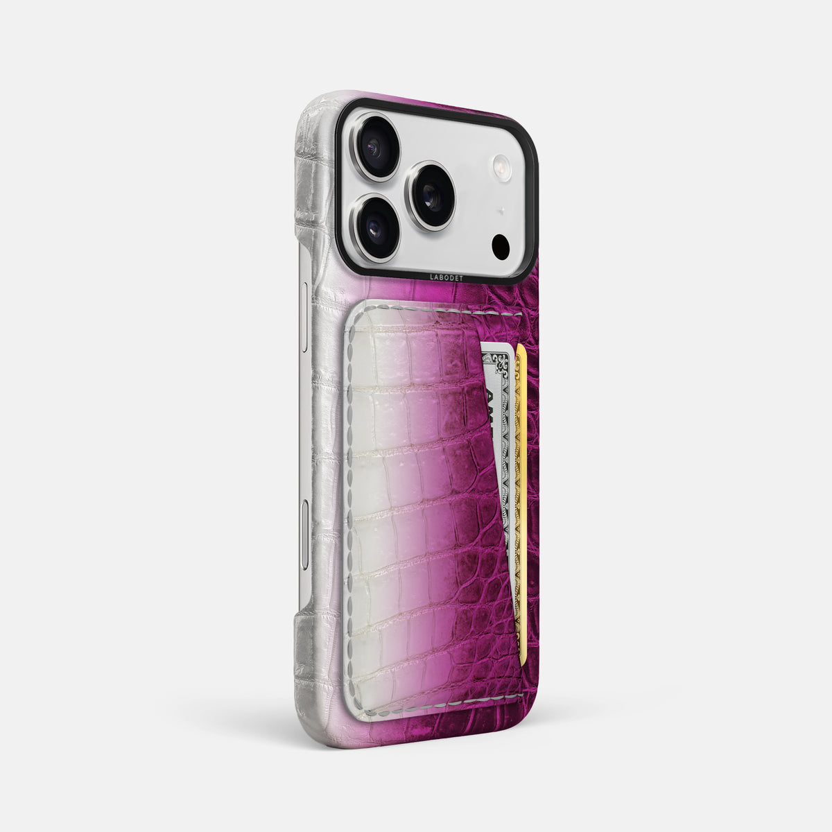 Double Card Case For iPhone 17 Pro Max In Himalayan Crocodile -2 | Fuchsia-Black