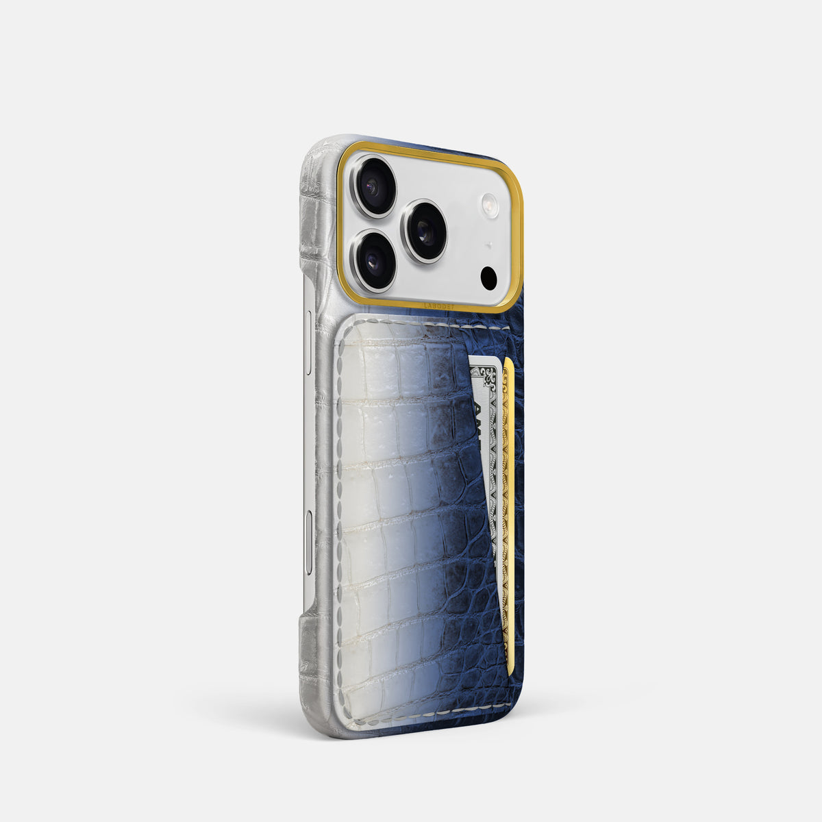 Double Card Case For iPhone 17 Pro In Himalayan Crocodile -2 | Navy-Blue-Gold