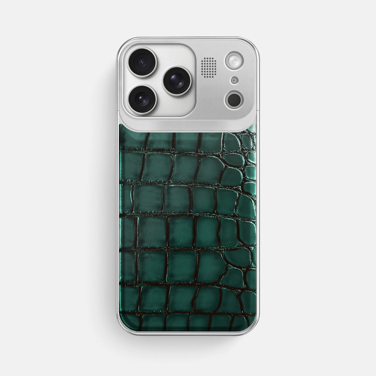 Metal Case For iPhone 17 Pro Max In Patina Alligator -1 | Green-Steel