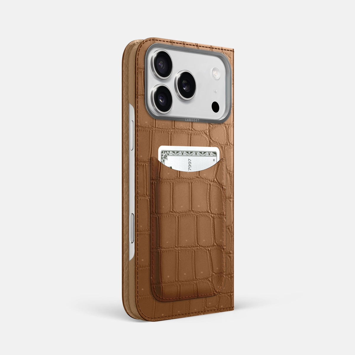 Folio Case with Card For iPhone 18 Pro Max In Porosus Crocodile -1 | Milk-Chocolate-Steel